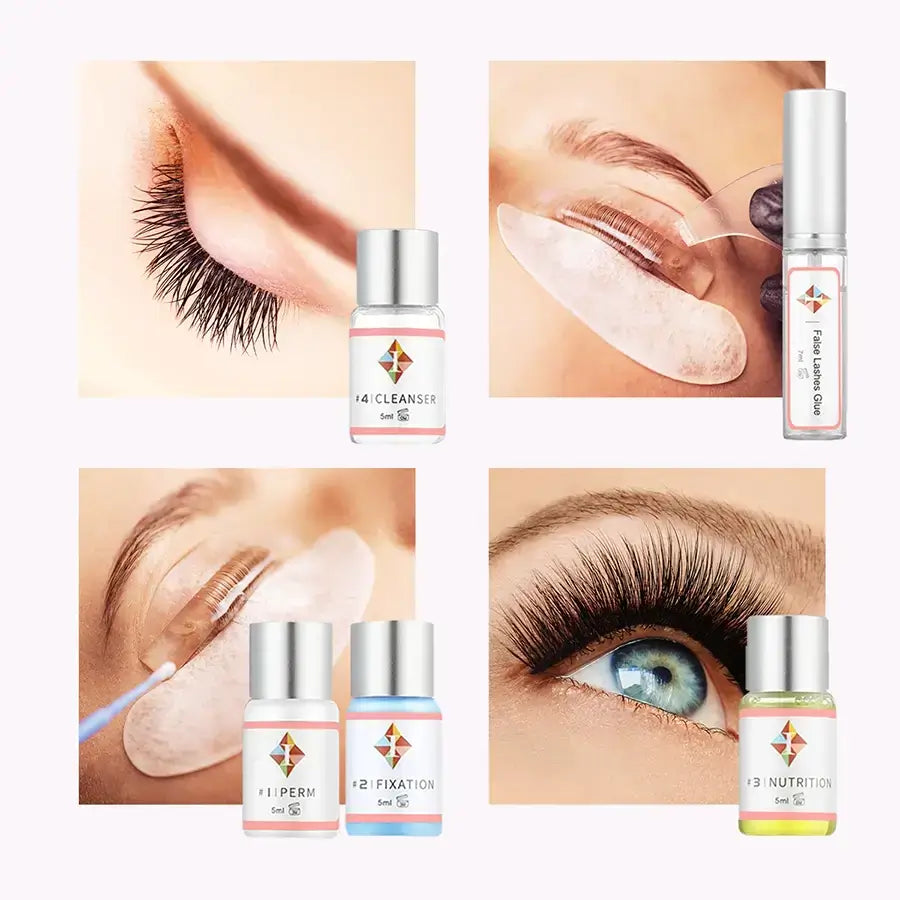 Etapes de l'utilisation du lash lift avec les produits correspondants