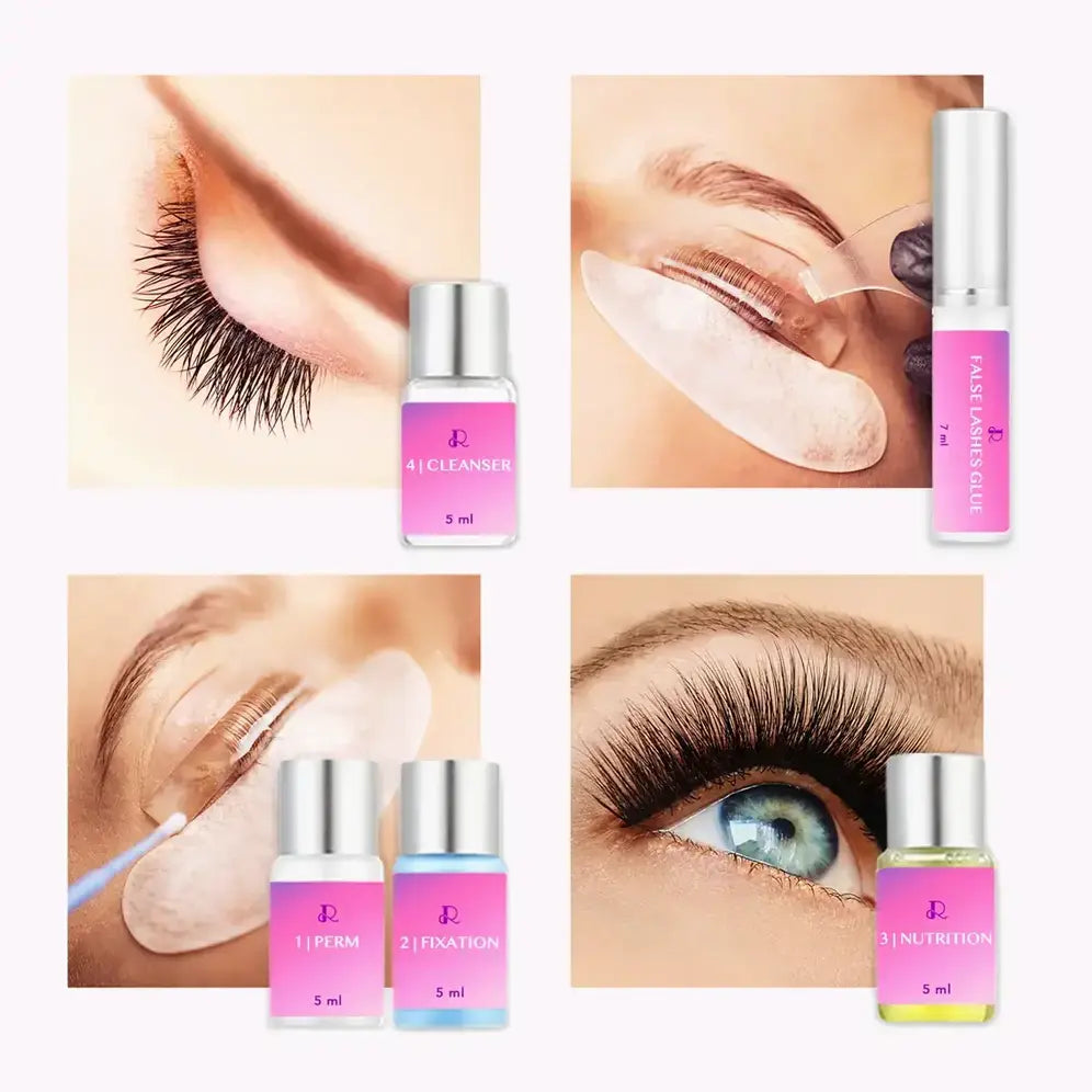 Etapes de l'utilisation du lash lift avec les produits correspondants