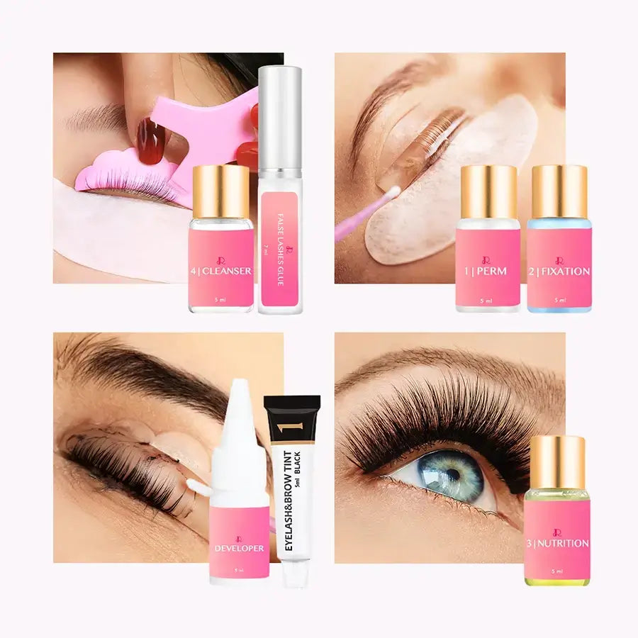 Etapes de l'utilisation du lash lift avec les produits correspondants